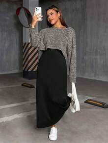 SHEIN Essnce 大码女装春秋季时尚休闲宽松舒适基础款日常灰色长袖露脐上衣和黑色马甲长裙两件套，春季服装，连衣裙套装，曲线套装 - 卡其色 - 查看 1