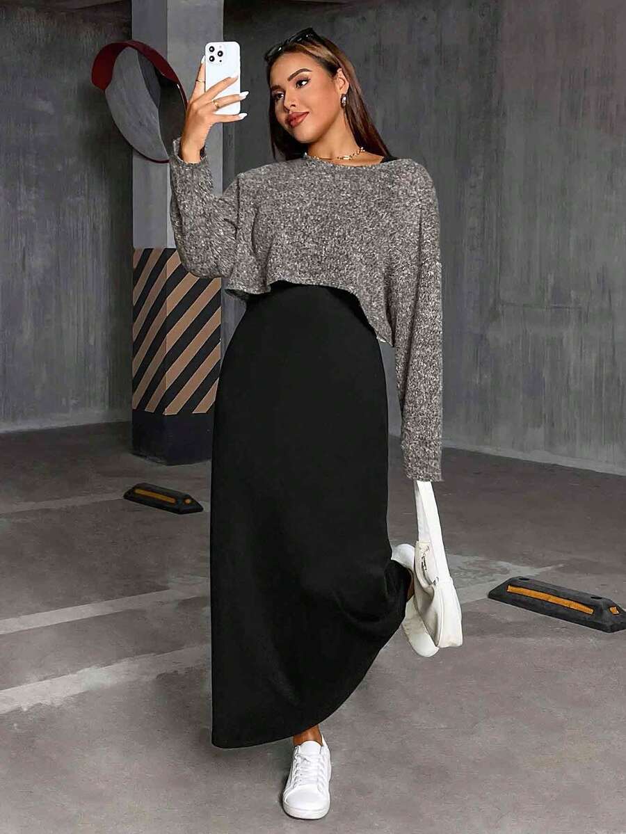 SHEIN Essnce 大码女装春秋季时尚休闲宽松舒适基础款日常灰色长袖露脐上衣和黑色马甲长裙两件套，春季服装，连衣裙套装，曲线套装 - 卡其色 - 查看 1