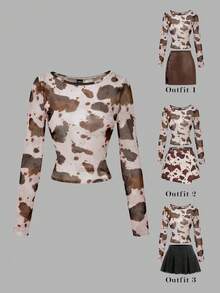 SHEIN MOD Women's Wide Round Neck Fitted Sheer Animal Print Top, Cow Top, Casual For Women, Summer Top, Western, Graphic Tee - Multicolor - View 6