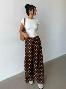 Aloruh 女士低腰休闲复古百搭棕色美拉德印花复古波点针织长裤，复古波点长裤，棕色长裤，复古，秋季衣橱；简约，时尚；舒适，别致。