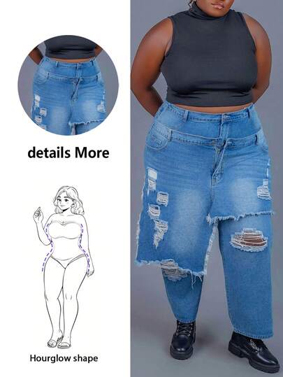 CurvyTilda Plus Size Blue Distressed Frayed Hem Fashion Double Layer Design Jeans New Fall Fashion Women,Fall Clothes For Women, For Hourglass Body Shape