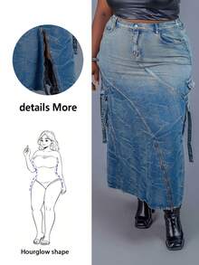 CurvyTilda Plus Size Women's Denim Skirt With Cargo Pockets Long Denim Skirt, For Hourglass Body Shape - Blue - View 1