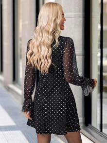 Solivie Women's Polka Dot Print Round Neck Flare Sleeve Elegant Short Dress Black And White Polkadot Dress Long Sleeve Elegant Dress Black Mesh Dress - Black - View 3