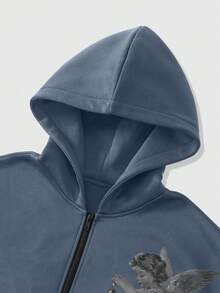 ROMWE MEN Street Life Men's Casual Angel Print Zip-Up Hoodie, Autumn/Winter - Dusty Blue - View 3