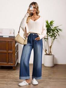 EMERY ROSE 女士撞色缝线前袋休闲百搭牛仔裤阔腿牛仔裤高腰宽松直筒裤，七分裤，秋冬服装，约会装，日常穿着，工作装，新年/圣诞节 - 中等水洗藍 - 查看 4