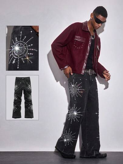 Street Life Jeans casuales de pierna ancha y suelta con gráfico de sol de rhinestone en el bolsillo para hombres