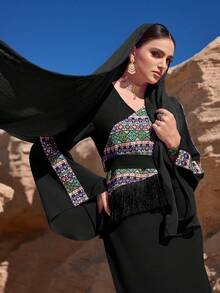 Al Najma 女士几何印花V领长袖拼接流苏优雅阿拉伯连衣裙 - 黑色 - 查看 8