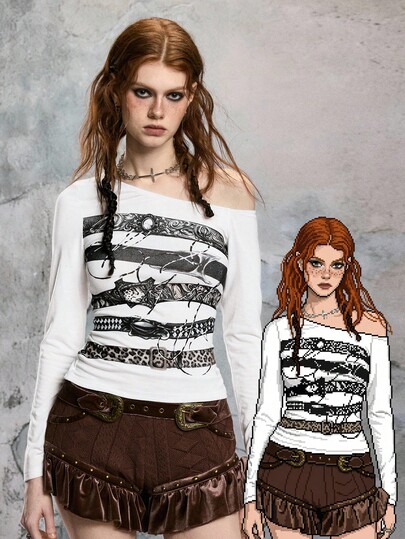 ROMWE Avant Camiseta de manga larga con hombros oblicuos y estampado de leopardo para mujer