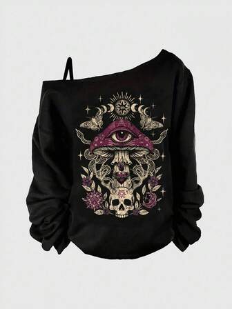 Goth Sudadera con capucha negra de talla grande con tirantes finos, estilo gótico oscuro con estampados de ojos, murciélago, mariposa, sol, luna, estrella, serpiente y plantas del bosque gótico sexy