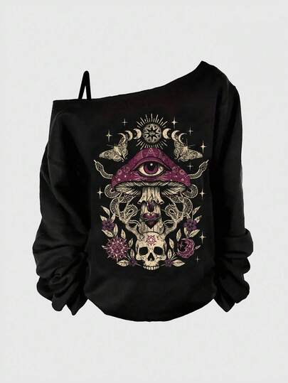 Gothic Dark Eyes Bat, Butterfly, Sun, Moon, Star, Snake, Plant Forest Goth Sexy Spaghetti Strap Plus Size Black Hoodie