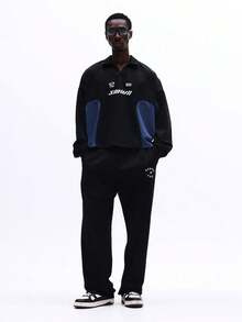 SUMWON Loose Fit Long Sleeve Panelled Polo Shirt With Contrast Color Blocking Design For Casual Everyday Wear - Black - View 6