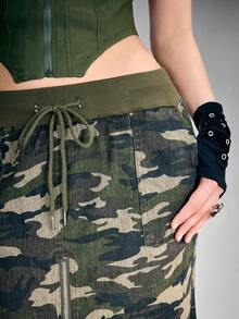 ROMWE Grunge Punk Chân váy đuôi cá xẻ tà phối họa tiết rằn ri, kiểu dáng Y2K gợi cảm dành cho nữ. - xanh quân đội - Xem 2