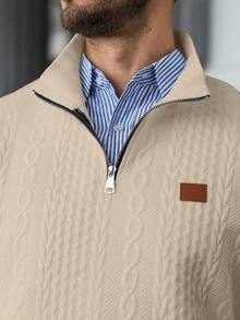 Manfinity Homme 男士加大码休闲纯色纹理立领拉链卫衣，男士新款秋季简约休闲套头拉链卫衣，男士百搭单品，适合日常通勤和旅行，男士绞花针织卫衣，男士针织衫，四分之一拉链卫衣 - 杏色 - 查看 5