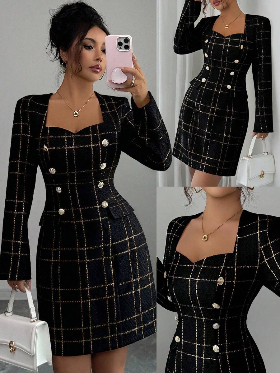 SHEIN Elenzya Đầm ngắn tay dài cổ tim bằng vải tweed thanh lịch dành cho nữ, thích hợp cho mùa thu. - màu đen - Xem 1