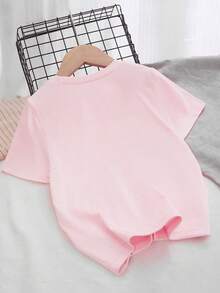 SHEIN 1件女童休闲时尚创意独特清新简约数字67粉色星星字母标语印花舒适基础款短款T恤，温暖舒适的夏秋季款式，适合女孩穿着 - 粉色 - 查看 3