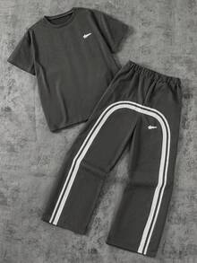 Coolqubz 2 pièces/Set T-shirt imprimé étoile lavé et pantalon à jambes larges pour garçons adolescents, tenue ample et confortable pour le port quotidien, les déplacements, les sorties, les sports, l'école, la rue, les fêtes, convient pour l'automne, le printemps, l'été - Multicolore - Voir 1