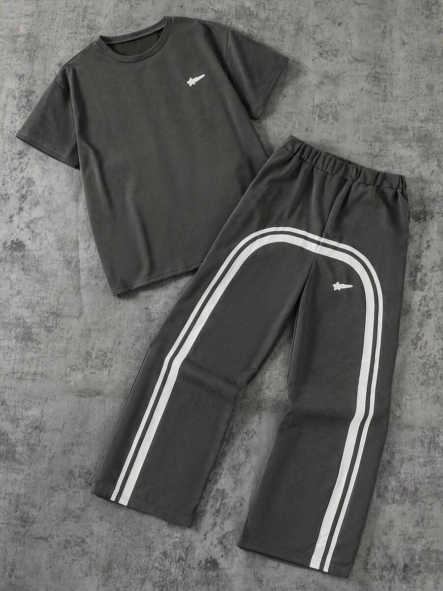 Coolqubz 2 pièces/Set T-shirt imprimé étoile lavé et pantalon à jambes larges pour garçons adolescents, tenue ample et confortable pour le port quotidien, les déplacements, les sorties, les sports, l'école, la rue, les fêtes, convient pour l'automne, le printemps, l'été - Multicolore - Voir 1