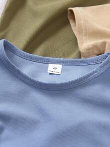 3件装男童纯色短袖圆领T恤，柔和的蓝色、橄榄绿和浅棕色调，适合日常穿着、公园、户外活动和返校季。 - 彩色 - 查看 3