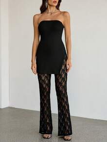 SHEIN Tall 女士性感优雅黑色蕾丝两件套,包含加厚罗纹抹胸上衣和蕾丝喇叭裤,高弹面料勾勒身形,适合约会、聚会、派对、夜店、夜生活等场合。网纱两件套黑色蕾丝 - 黑色 - 查看 9