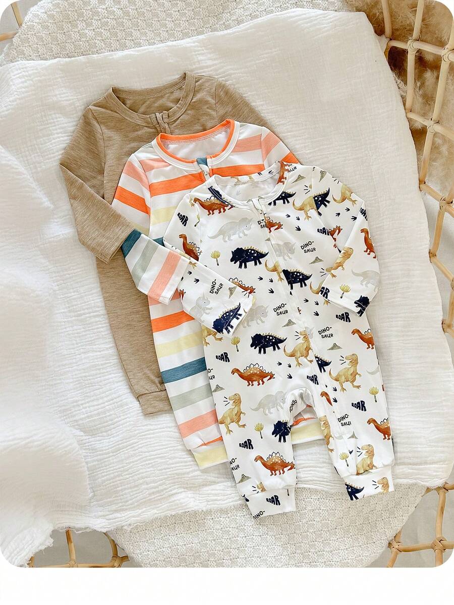 3件套新生女宝宝可爱休闲针织卡通图案长袖连体衣套装 - 白色 - 查看 1