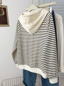 INAWLY Casual Striped Drawstring Sweatshirt, Autumn - Apricot - View 2