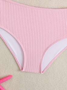 Tween Girl Pink Solid Color Ruffle Trim Spaghetti Strap Bikini 2 Pieces Set High Waist Mermaid Starfish Detail Cute Summer Beach Pool Holiday - Pink - View 4