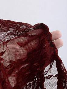 SHEIN Glamour Transparent spetsblus, brun spetsskjorta för kvinnor - Bourgogne - Visa 5