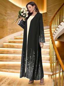 SHEIN Najma Women's Shiny Textured Striped Pattern Digital Print Casual Open Front Long Sleeve Cardigan, Spring/Autumn Abayas - Multicolor - View 4