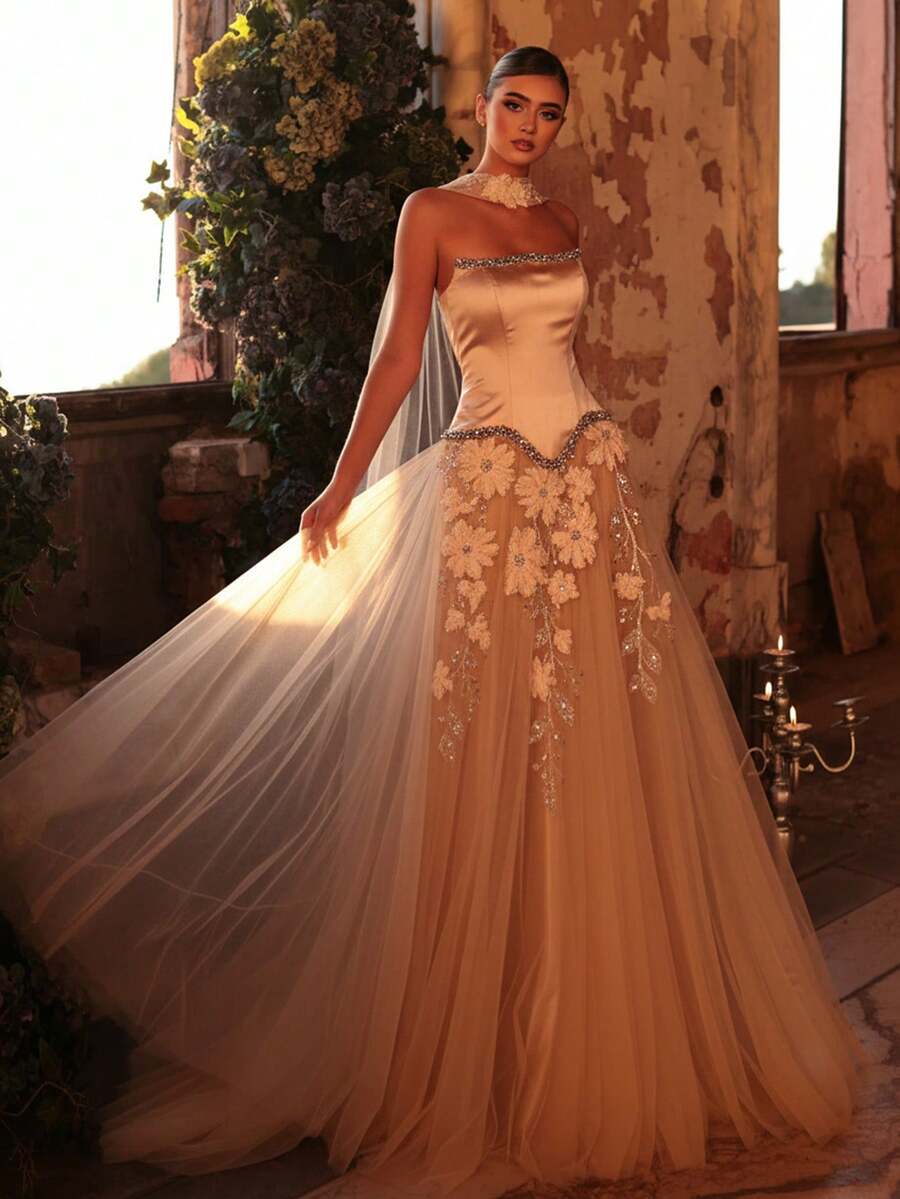 Glamrae Váy maxi dáng chữ A thêu hoa 3D thanh lịch dành cho nữ, thích hợp cho các buổi tiệc trang trọng. - Màu be - Xem 1