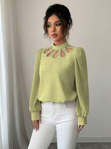 Modelyn 女士宽松泡泡珍珠领撞色拼接长袖衬衫 - 綠色 - 查看 4