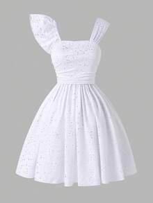 Elegant Loose Shoulder Strap A-Line Dress For Teen Girls, Spring/Summer, Suitable For Vacation, Pleated Design Flattering Silhouette, Versatile For Parties, Outings, Study And More - White - View 3