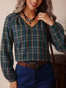 LanaWest Damen lässige, weite V-Ausschnitt Karohemd Bluse mit Langarm, Western-Stil Hemd, geeignet für den Alltag, Herbst - Grün - Übersicht 4