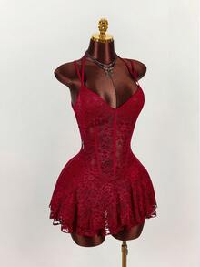 Amplova 复古无袖蕾丝拼接半透明心形胸线修身迷你连衣裙，性感 - 酒紅色 - 查看 5