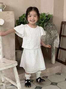 Dazy Kids Toddler Girls' Round Neck Lace Short Sleeve Shirt & Skirt 2-Piece Set - White - View 3