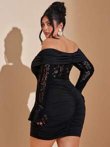 SHEIN BAE Elegant Plus Size Black Off The Shoulder Long Sleeve Mini Bodycon Dress With Ruched And Hollow Out Details Perfect For Night Out - Black - View 2