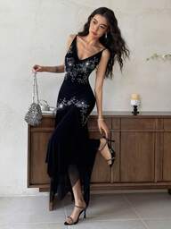 EastFlair Women's V-Neck Sleeveless Ruffle Hem Rhinestone Embellished Dress, Fashionable For Summer