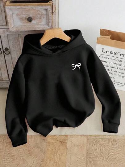 Tween Girl Cute Minimalist Bow Print Loose Fit Sweatshirt, Suitable For School, Casual Outing, Sports And Various Occasions