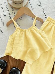 SHEIN LMoss Kids 2pcs Baby Girl Solid Color Sleeveless Top And Loose Casual Pants Set - Yellow - View 3