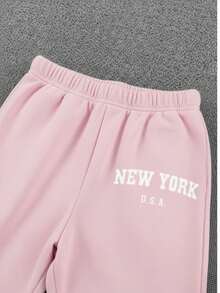 Conjunto de 4 piezas de pantalones tipo joggers para niñas pequeñas con interior de Felpa. Tres Pantalones de chándal para niñas de 3 a 7 años con gráfico de Nueva York, conjunto deportivo para otoño/invierno. Pants con resorte para niñas pequeñas, cintura elástica, cómodos, calientes y casuales, de tela suave, para estilo deportivo al aire libre, ropa casual infantil, set de pants para niña, ropa cómoda para niñas pequeñas. - Multicolor - Ver 5