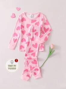 Set de pijama con top de manga larga y leggings con estampado de corazones y graffiti lindo para niñas, 2 piezas - Rosa - Ver 1