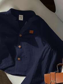 2 Peças Conjunto Básico Casual para Bebê Menino/Menina, Camisa de Manga Longa Branca com Gola Mandarim e Calça de Cintura Elástica, Adequado para Outono, Primavera, Verão, Ideal para Festa de Aniversário, Festa de Ano Novo, Festa da Noite, Apresentação, Casamento, Chá de Bebê, Batizado e Comemoração do 1º Aniversário - Azul Marinho - Visão 4