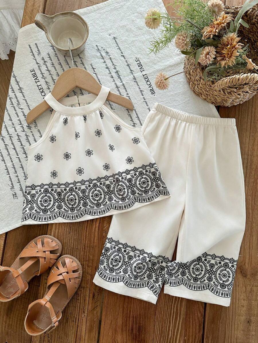 SHEIN LMoss Kids 可爱女宝宝休闲简约度假风碎花图案上衣和裤子套装，适合生日派对、聚会、演出、婚礼、洗礼、开幕式、日常生活、上学、旅行以及秋冬季节。女宝宝两件套亚麻套装，可爱复古风女宝宝两件套，女宝宝夏季服装套装。 - 彩色 - 查看 1