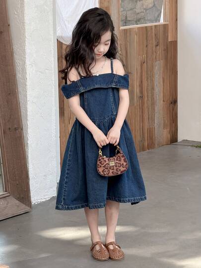 DAZY Young Girl Off-Shoulder Casual Korean Style A-Line Denim Dress