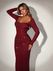 SHEIN ICON 女士纯色甜心领修身优雅长袖连衣裙 - 紅色 - 查看 1