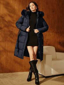 Anewsta Women Casual Padded Jacket With Fur Collar And Hood, Winter - Navy Blue - View 1