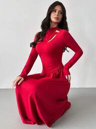 Firerie Women's Elegant Casual Fitted Dress, Red Solid Color Long Sleeve Metal Decor Hollow Pleated Design Fitted Knit Dress, Suitable For Valentine's Day, Holiday Outings, Teacher Attire, Work Wear, Comfortable Casual Dress