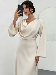 Firerie Đầm công sở màu mơ, cổ thuyền, tay loe, eo thon, xếp ly, thích hợp mặc đi làm; Đầm công sở thanh lịch tối giản mùa xuân/hè mới, chất liệu satin màu mơ, cổ bất đối xứng, tay loe, thích hợp mặc đi làm; Áo khoác ngoài mùa thu cho nữ; Đầm dự tiệc cưới. - Màu be - Xem 6