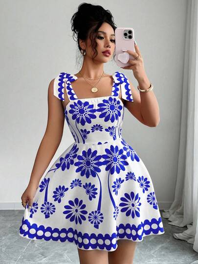 Elenzga Nuevo vestido de verano con diseño de atar, estampado floral y cintura ceñida sin mangas para mujeres