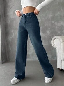 EURMUSE 100%纯棉女士斜插口袋休闲阔腿牛仔裤 - 深色水洗藍 - 查看 6