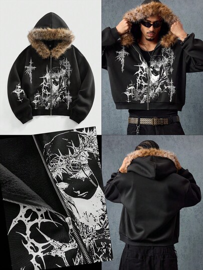 Anime Sudadera con capucha de personaje gótico para hombres con ribete de piel, top de manga larga